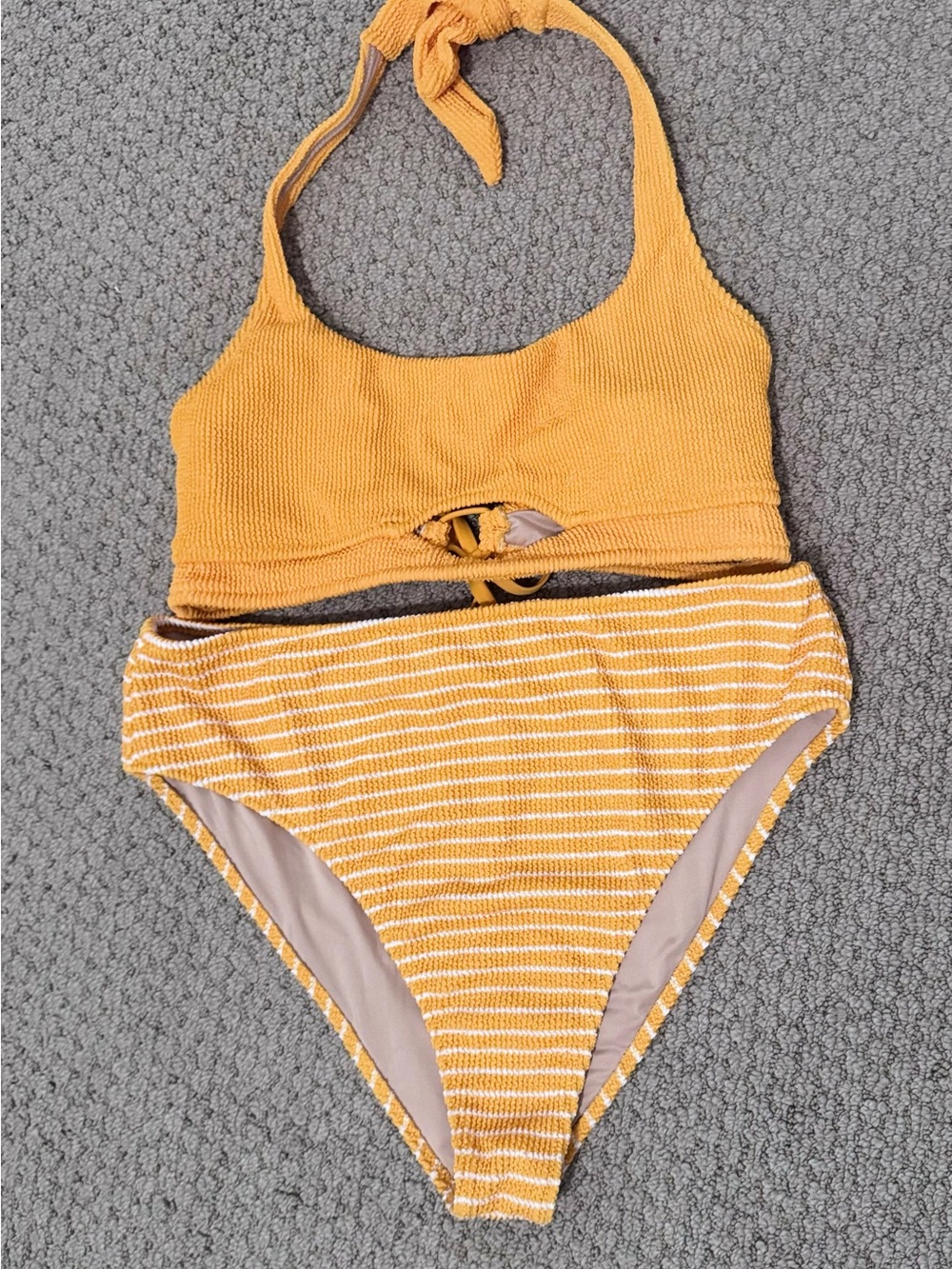 Shade & Shore Mustard Ribbed Halter Bikini Set with White Stripes
